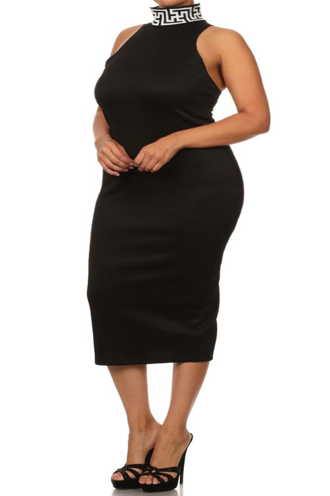 Plus Size Mod Maze Print High-Neck Midi Black Dress