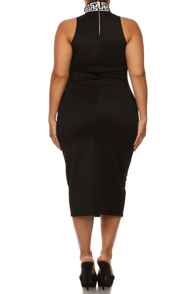 Plus Size Mod Maze Print High-Neck Midi Black Dress