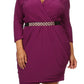 Plus Size Alluring Surplice Belted Ruched Purple Dress