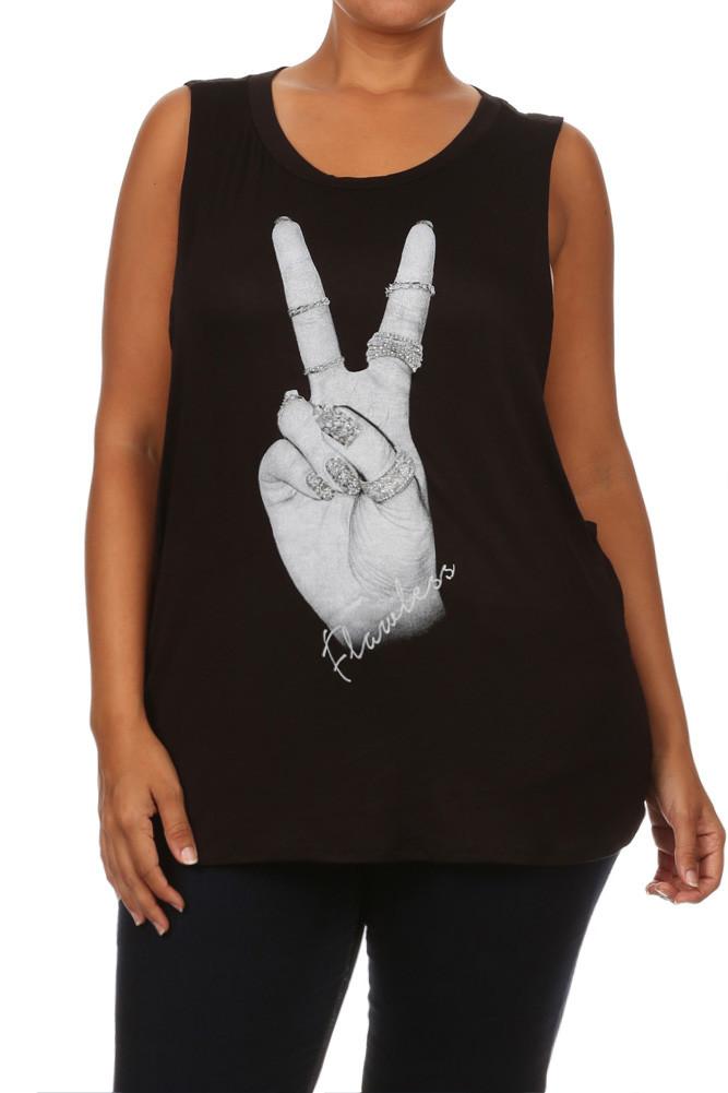 Plus Size For Peace Rhinestones Graphic Print Top