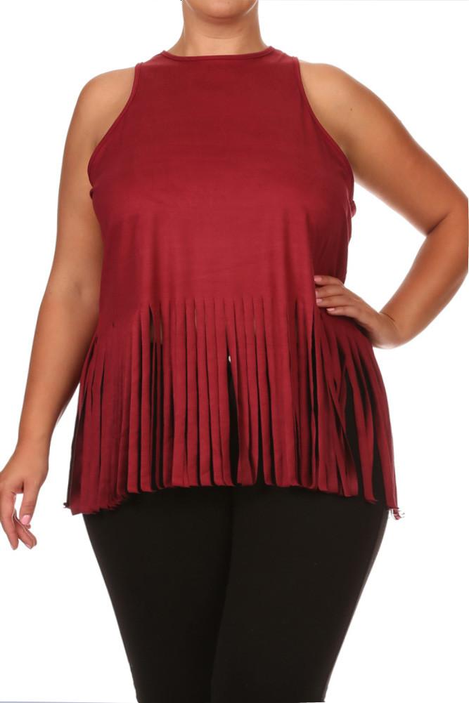 Plus Size Fringe Obsession Suede Burgundy Tank