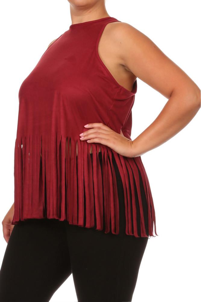 Plus Size Fringe Obsession Suede Burgundy Tank