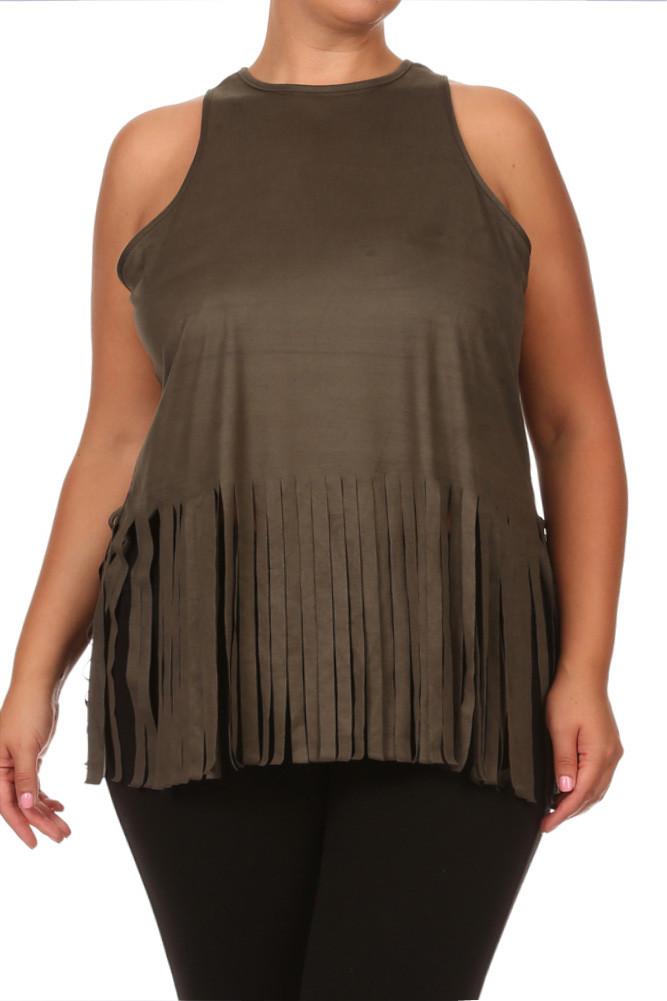 Plus Size Fringe Obsession Suede Olive Tank