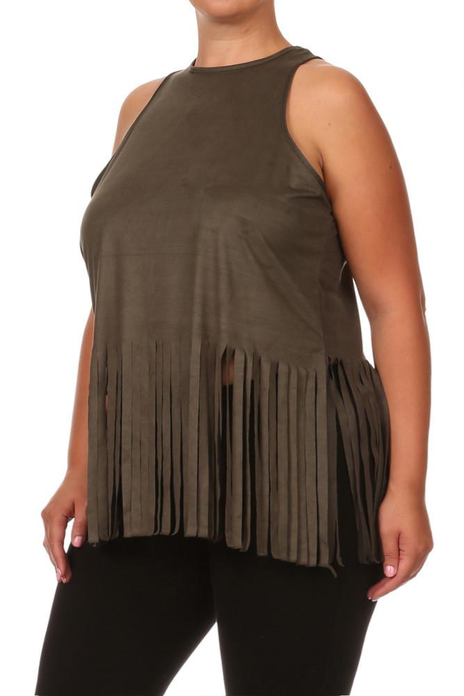 Plus Size Fringe Obsession Suede Olive Tank