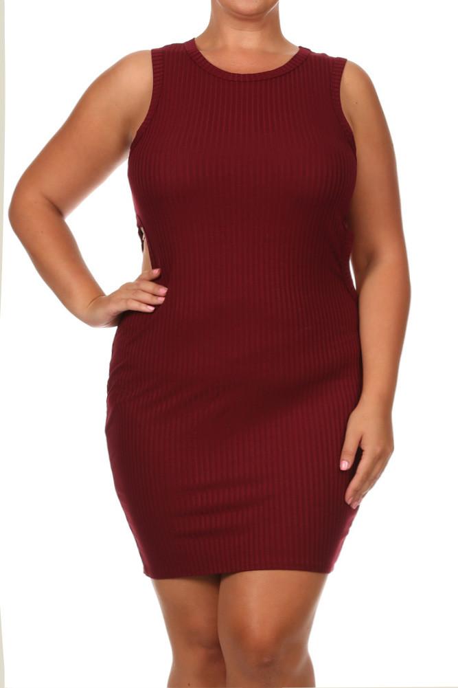 Plus Size Sassy Cut Out Ribbed Mini Burgundy Dress