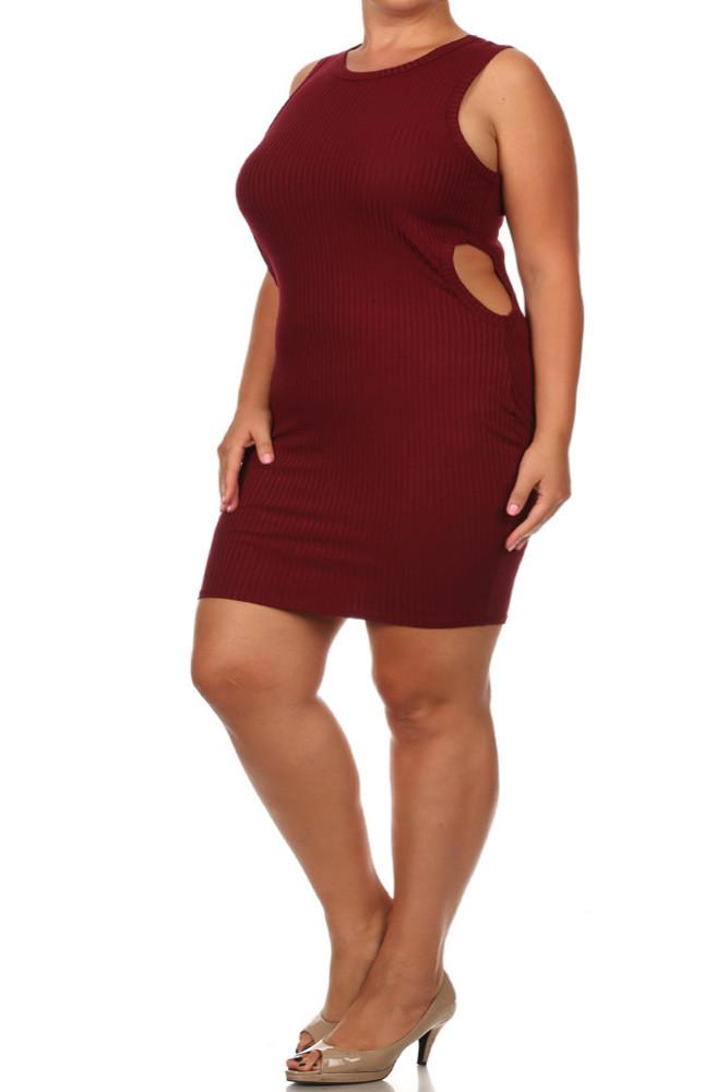 Plus Size Sassy Cut Out Ribbed Mini Burgundy Dress