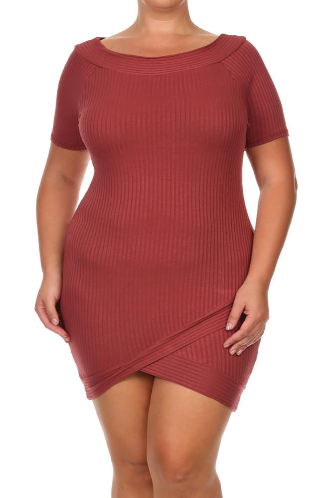 Plus Size Wide Collar Wrap Skirt Ribbed Dress