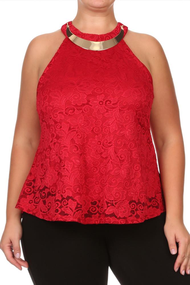 Plus Size Floral Romance Gold Neckline Lace Top