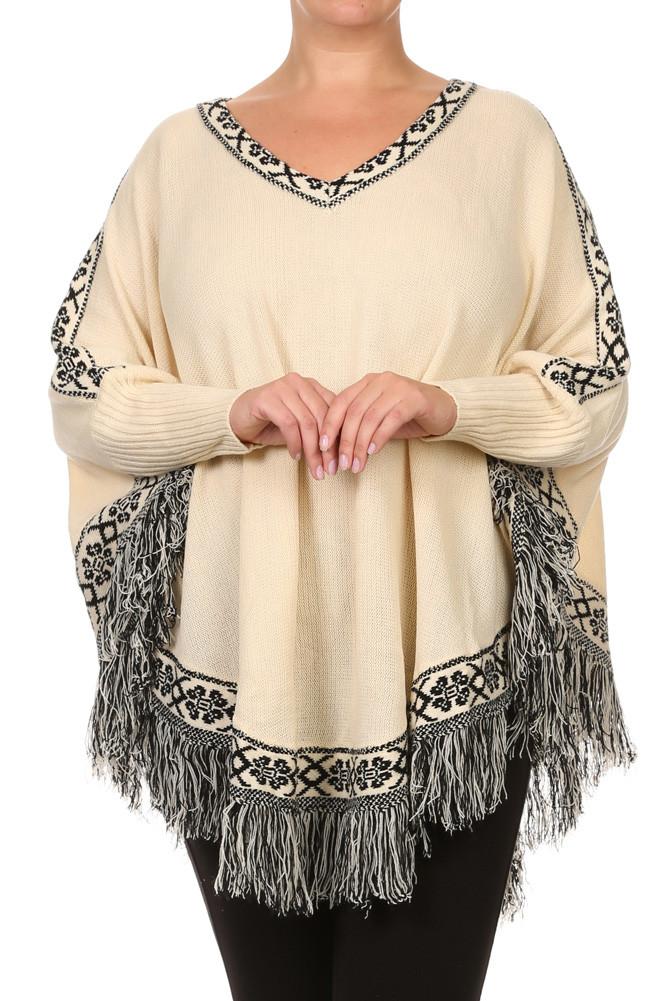 Plus Size Cozy Tribal Print Fringe Poncho