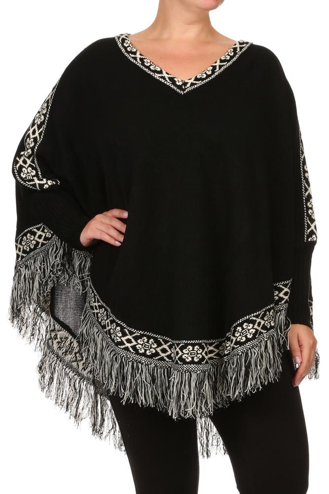 Plus Size Cozy Tribal Print Fringe Poncho