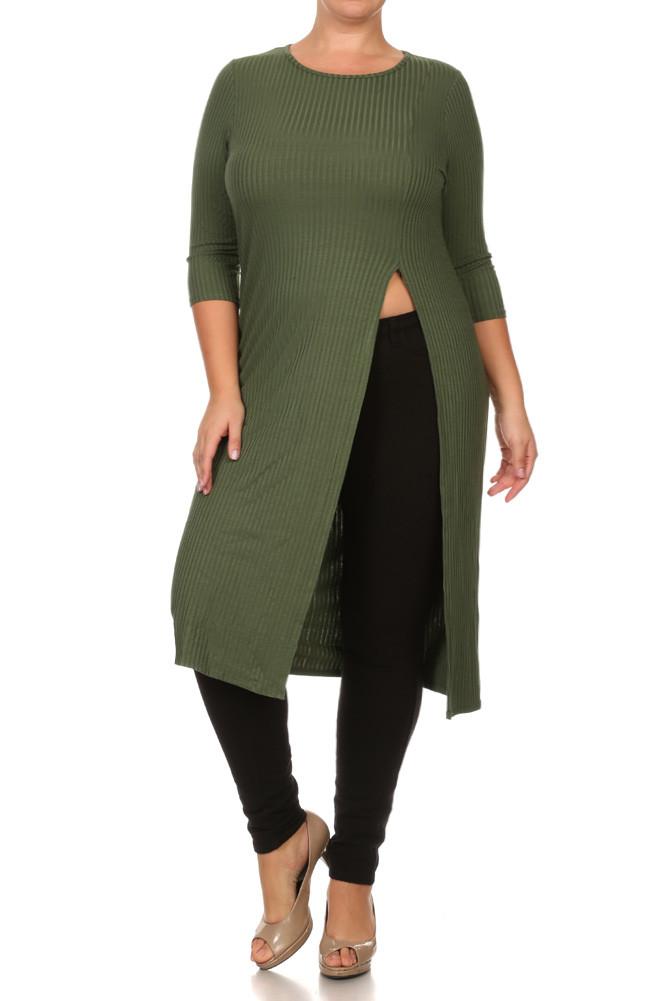 Plus Size Sexy High Slit Ribbed Maxi Shirt Dress