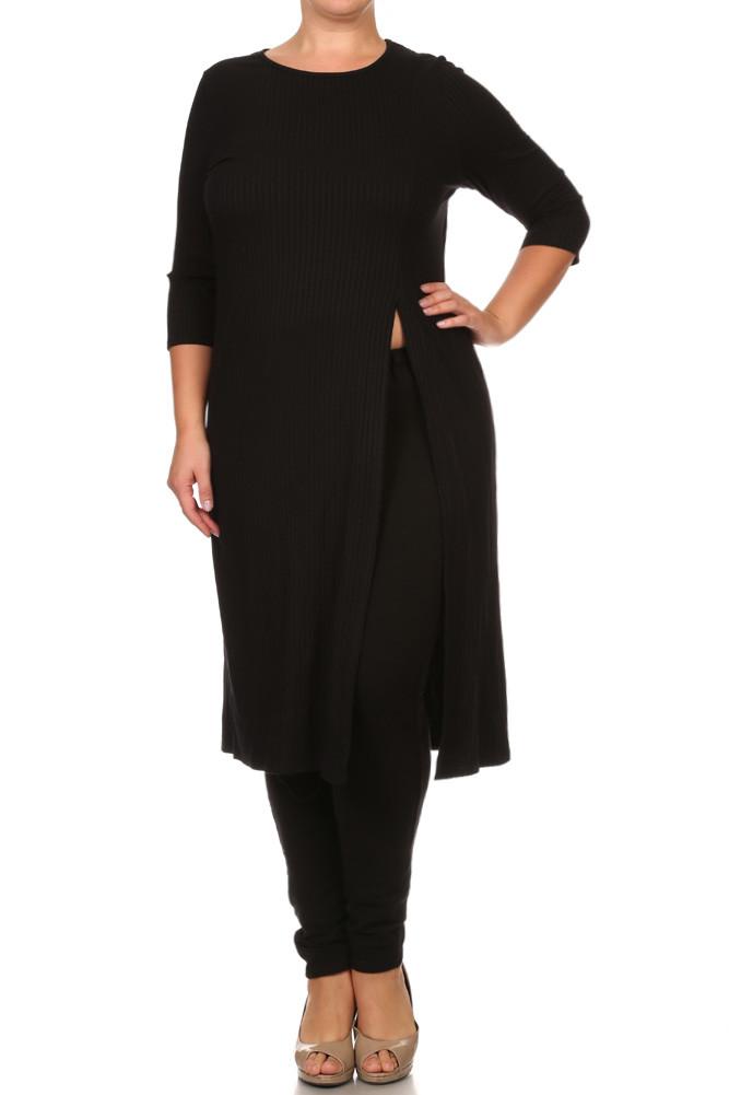 Plus Size Sexy High Slit Ribbed Maxi Shirt Dress