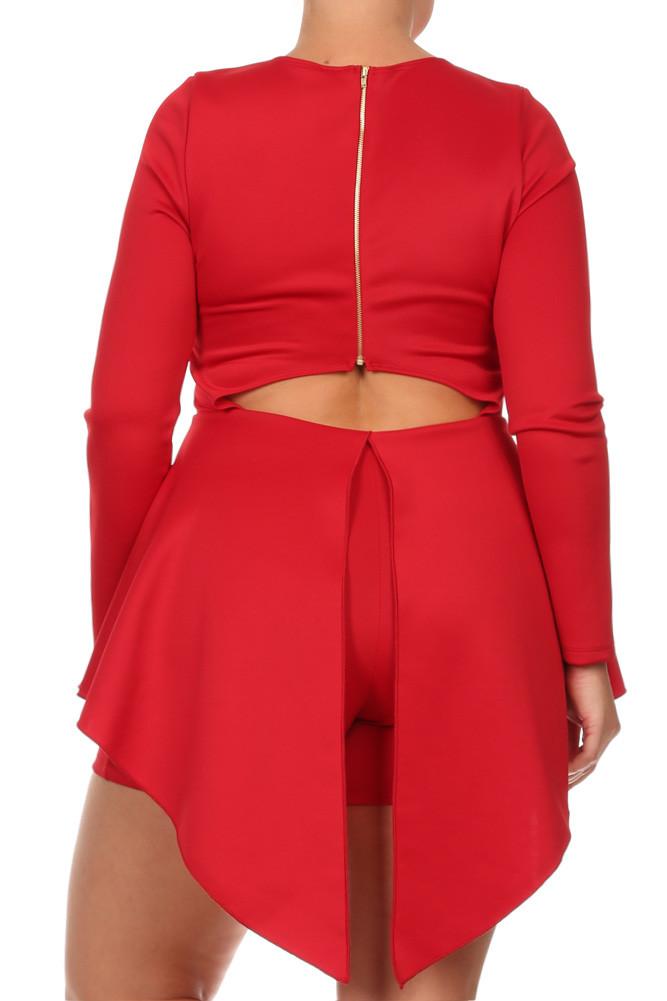 Plus Size Romper V Hem Long Sleeve Skater Dress