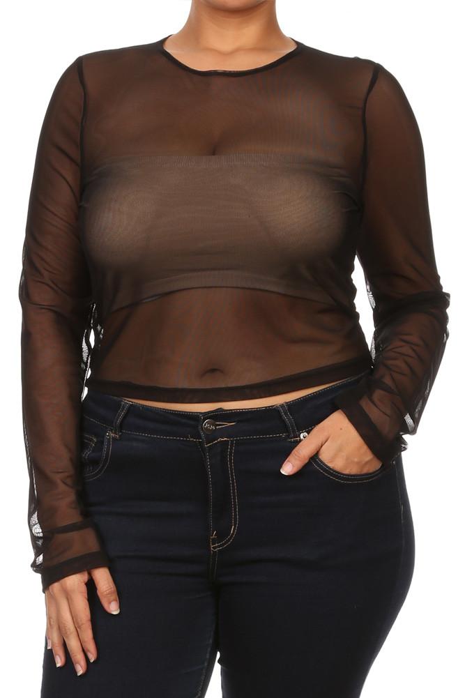 Plus Size Long Sleeve Mesh Babe Crop Top