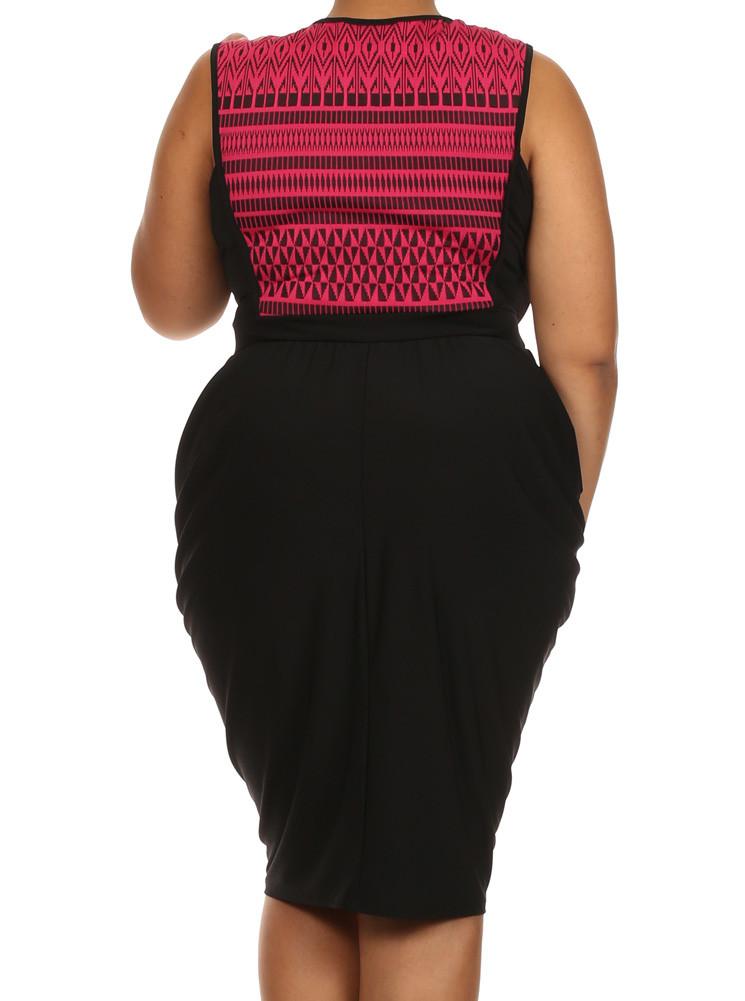 Plus Size Tribal Print V Hem Pink Bubble Skirt Dress