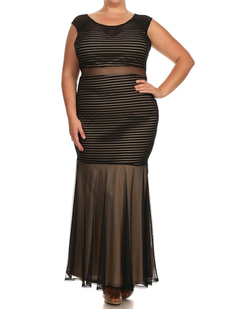 Plus Size Mesh Striped Fishtail Maxi Dress