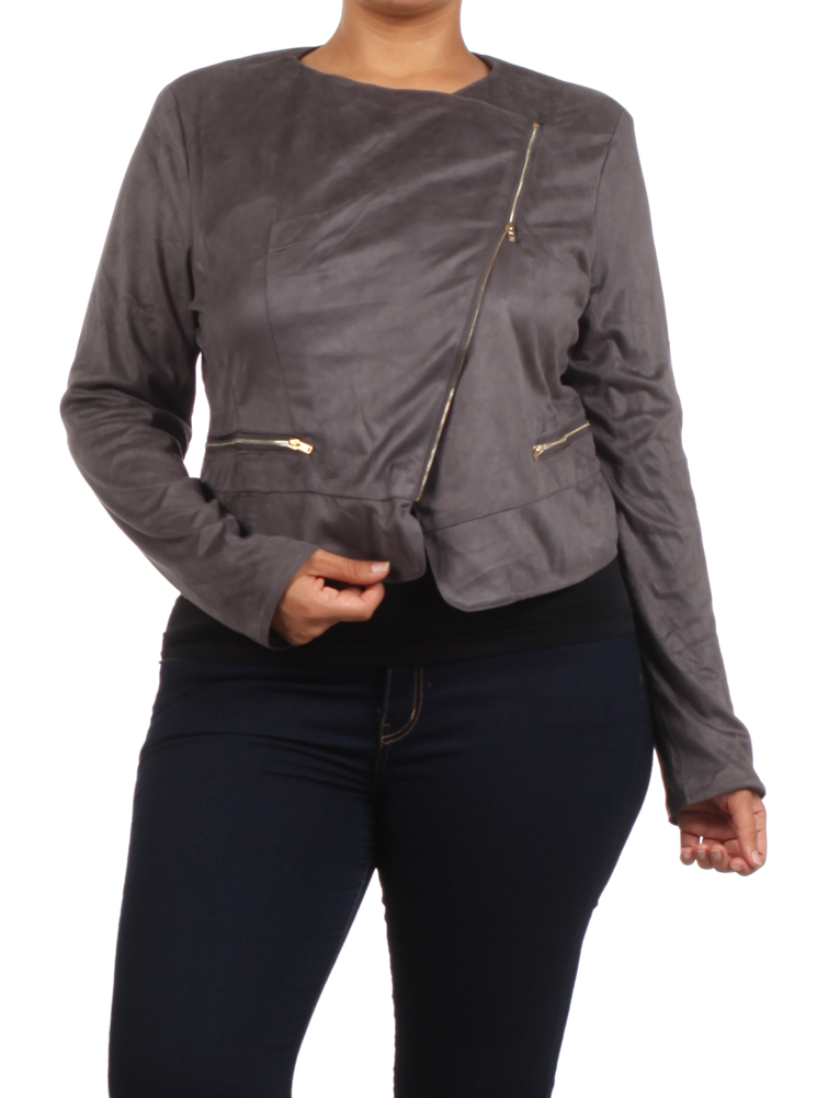 Plus Size Chic Side Zipper Grey Velour Jacket