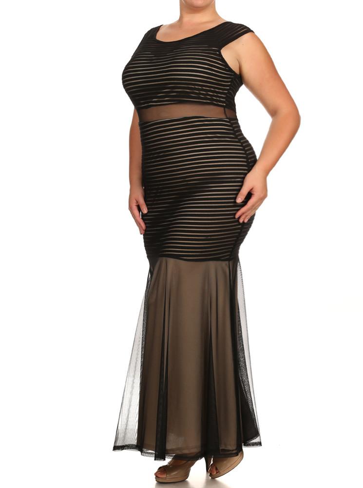 Plus Size Mesh Striped Fishtail Maxi Dress