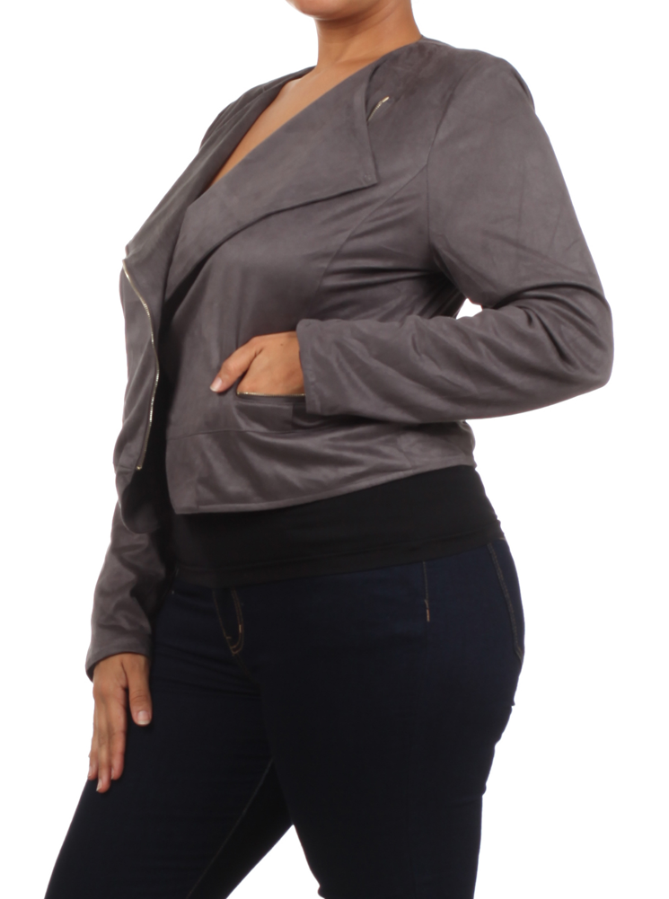 Plus Size Chic Side Zipper Grey Velour Jacket