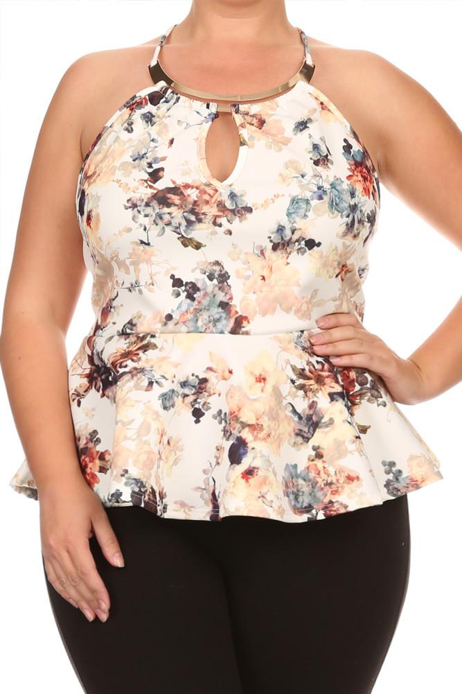 Plus Size Gold Neckline Blossoming Peplum Top