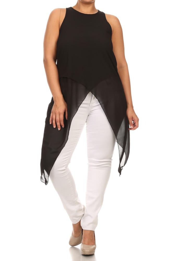 Plus Size Sleek Sheer Layered Hanky Hem Top