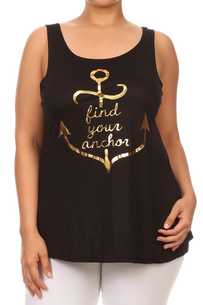 Plus Size Lace Up Back Gold Anchor Top
