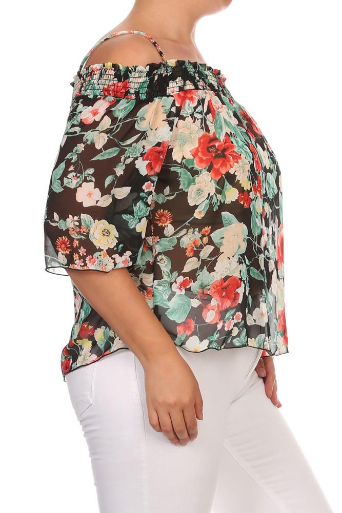 Vivid Flower Sheer Off The Shoulder Sexy Plus Size Top