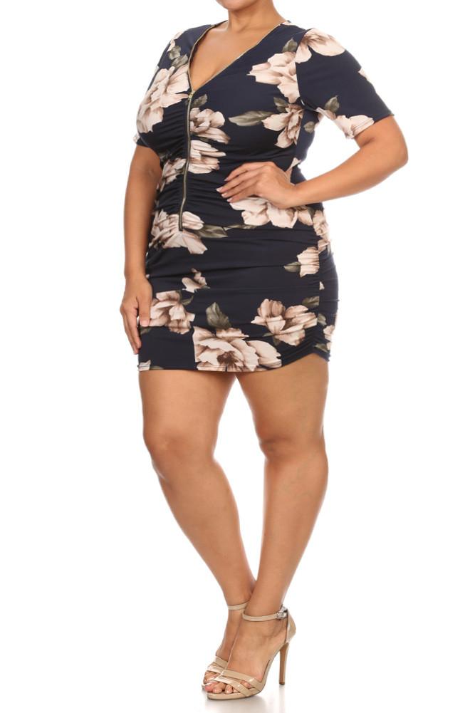 Zip Up Sexy Floral Plus Size Mini Dress