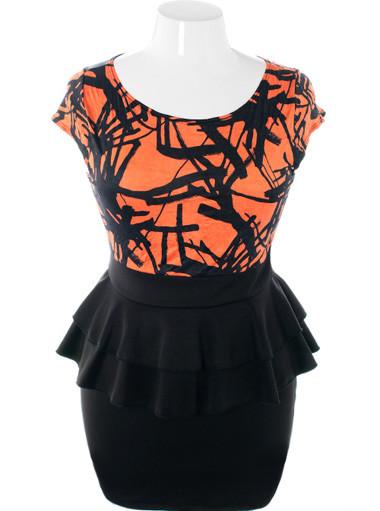 Plus Size Trendy Hip Peplum Skirt Orange Dress