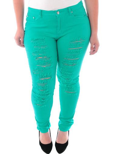 Plus Size Designer Slashed Teal Skinny Jeans