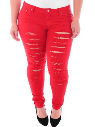 Plus Size Designer Slashed Red Skinny Jeans