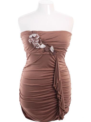 Plus Size Sexy Gathered Tan Tube Dress