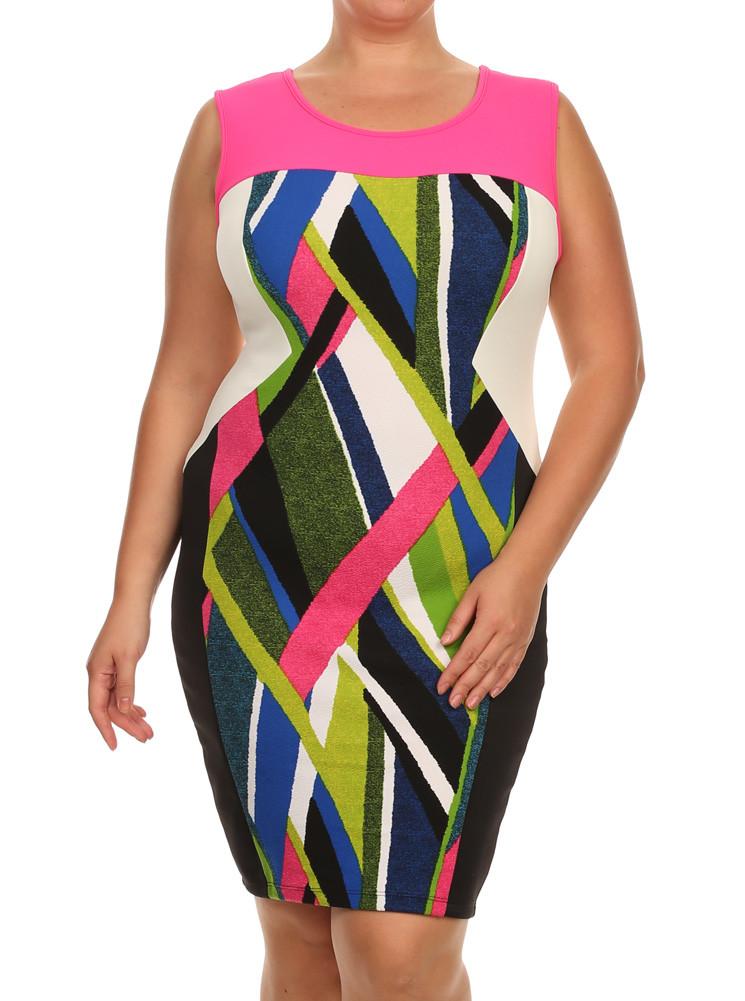 Plus Size Mod Art Strokes Pink Colorblock Dress