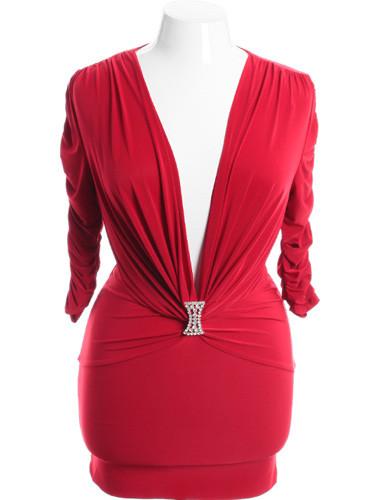 Plus Size Sexy Gathered Diamond Red Mini Dress