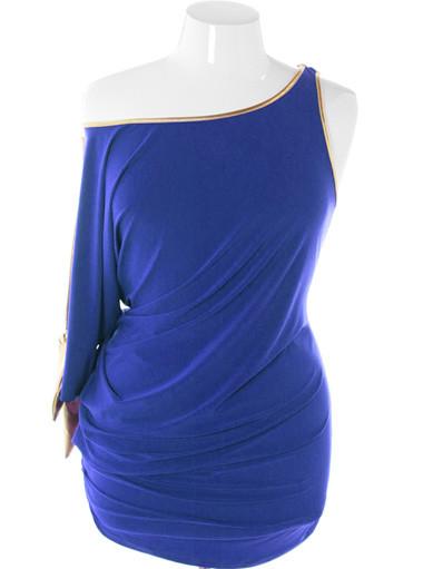 Plus Size Designer One Shoulder Ruched Blue Dress