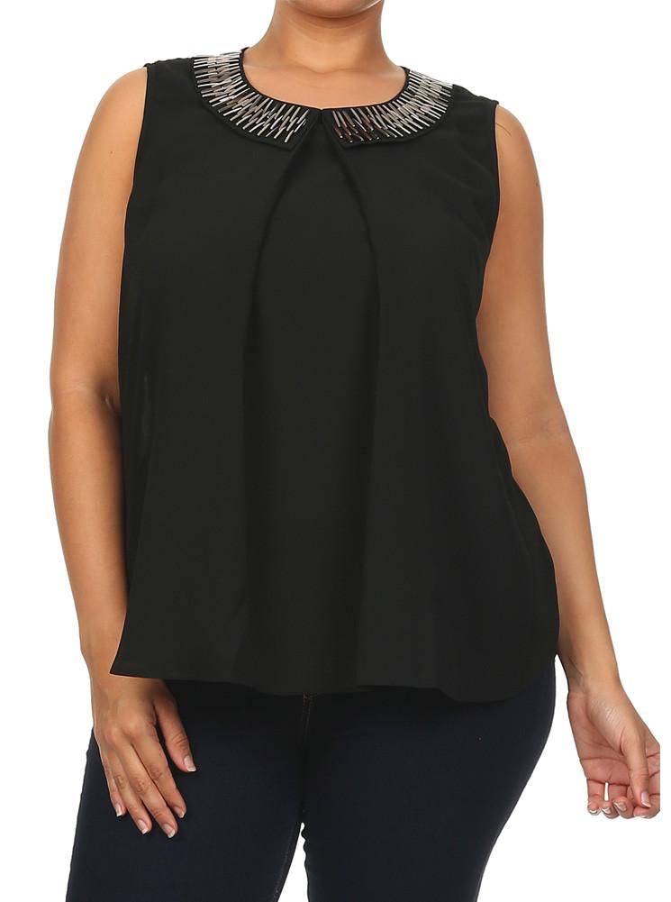 Plus Size Mod Embellished Neckline Sheer Black Top