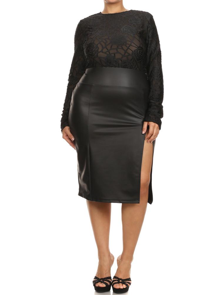 Plus Size See Through Rose Web Lace Leather Midi Dress