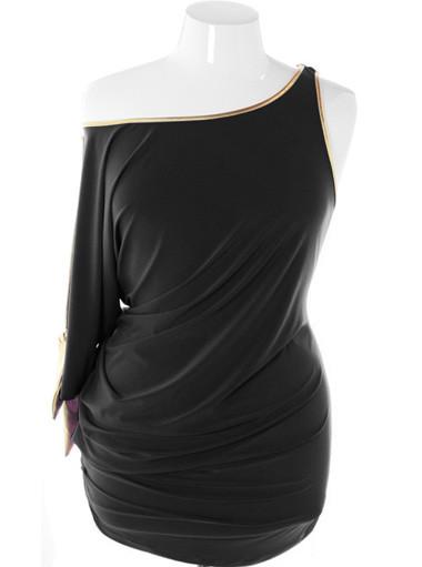 Plus Size Designer One Shoulder Ruched Black Dress