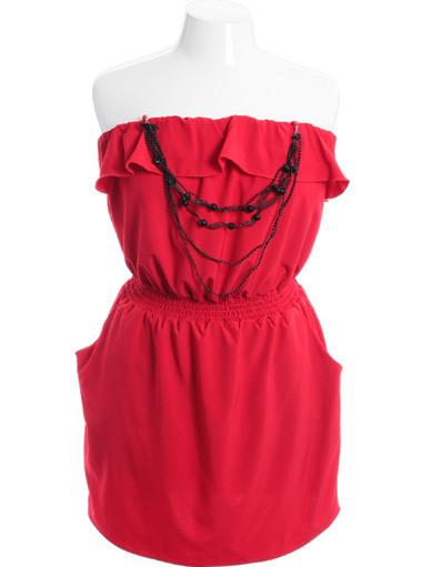Plus Size Trendy Gathered Pocket Red Tube Dress