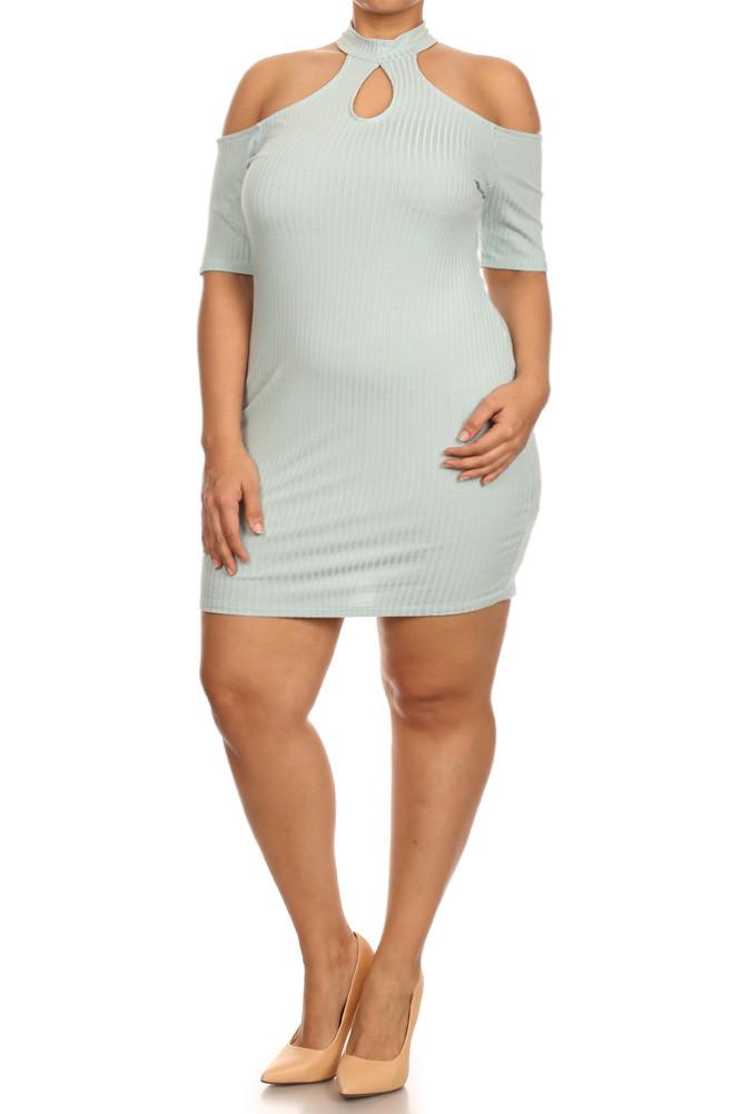 Plus Size High Neck Ribbed Cold Shoulder Bodycon