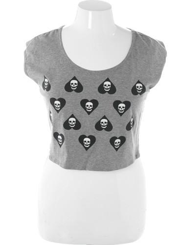 Plus Size Trendy Cropped Heart Skull Grey Top