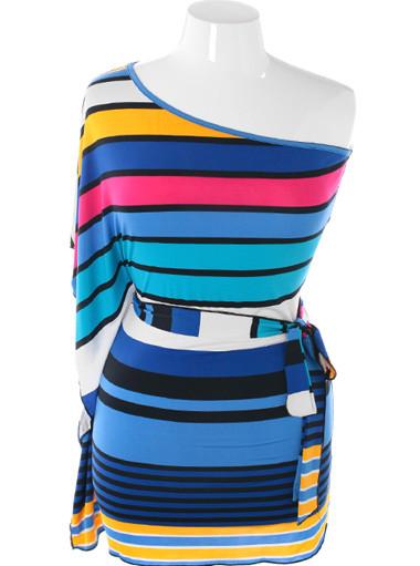 Plus Size Colorful Stripe One Shoulder Blue Dress