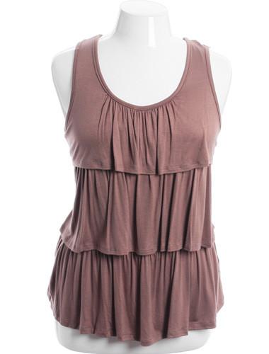 Plus Size Layered Ruffle Lace Back Tan Tank