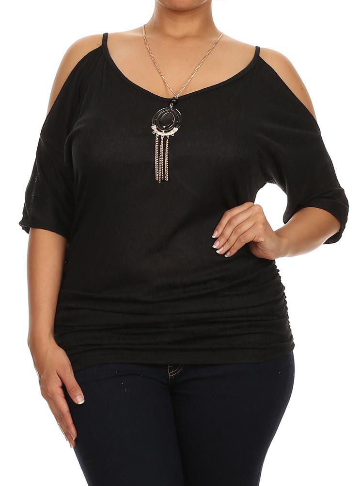 Plus Size Ruched Cut Out Shoulders Black Tunic