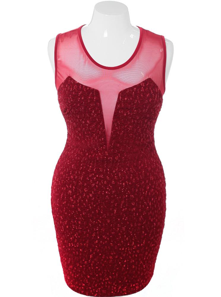 Plus Size Sparkle Scuba Mesh Red Dress