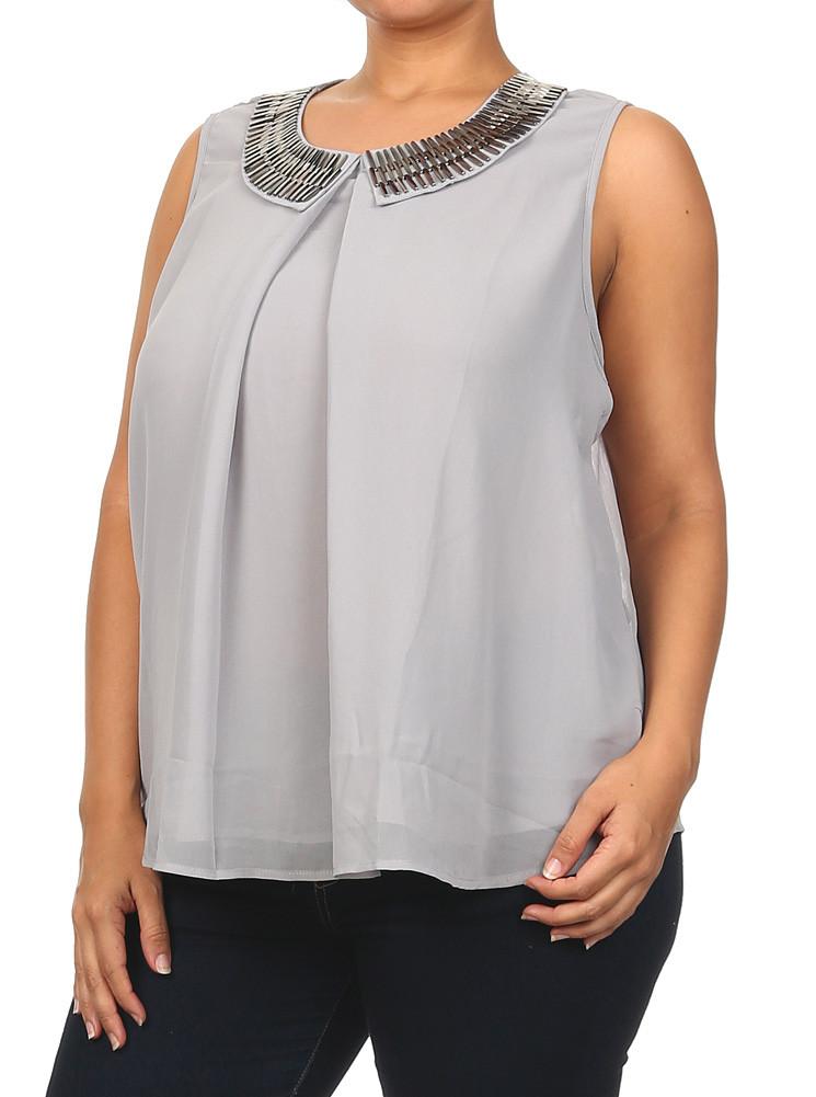 Plus Size Mod Embellished Neckline Sheer Grey Top