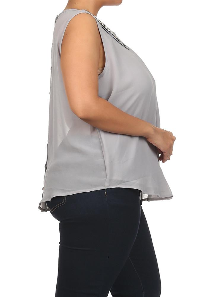 Plus Size Mod Embellished Neckline Sheer Grey Top