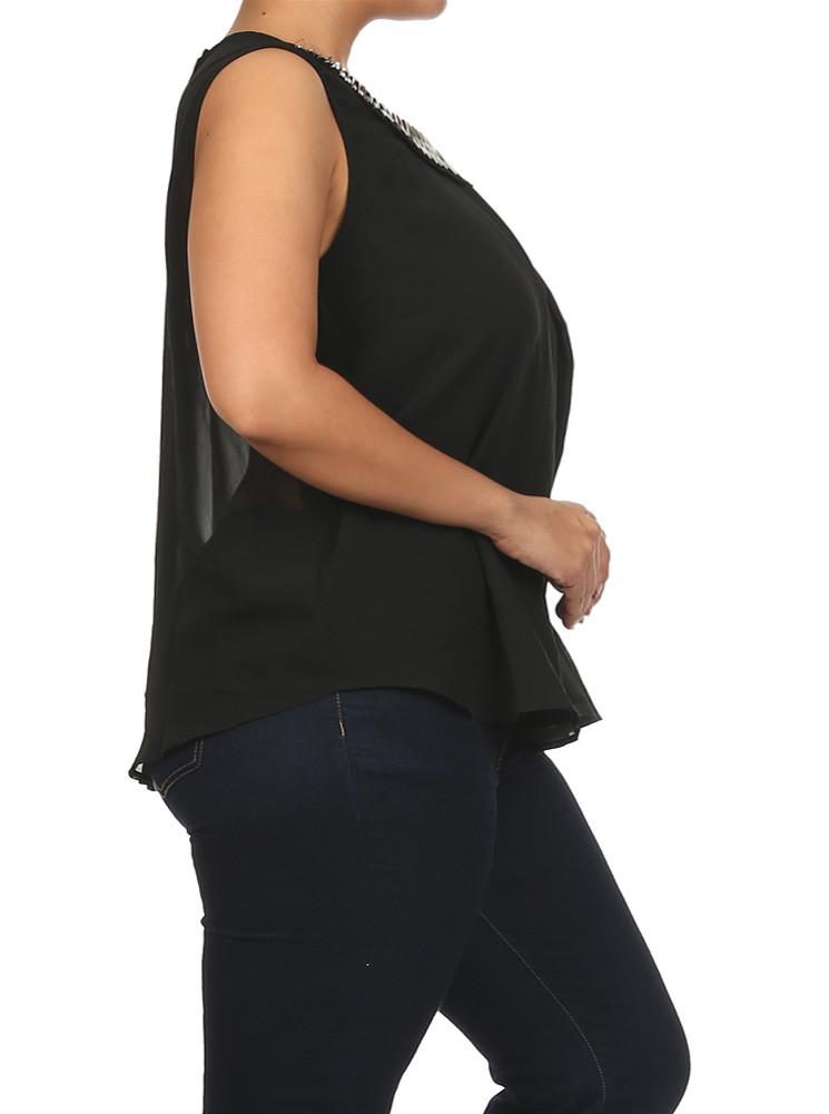 Plus Size Mod Embellished Neckline Sheer Black Top