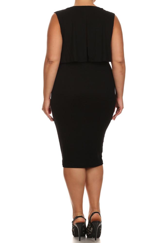 Plus Size Mod Ribbed Layered Black Midi Dress