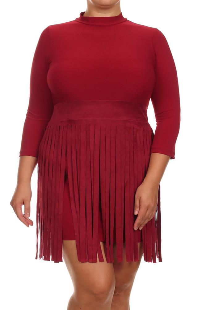 Plus Size Suede Fringe Skirt Burgundy Dress